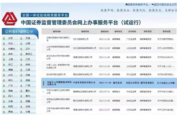 內(nèi)蒙古云科數(shù)據(jù)于內(nèi)蒙古證監(jiān)局創(chuàng)業(yè)板報(bào)輔成功 